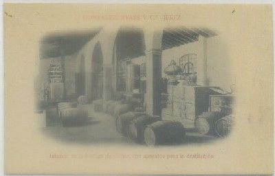 POSTAL DE PUBLICIDAD. GONZALEZ BYASS Y CIA. JEREZ. BODEGA DE COÑAC. APARATOS DESTILACION