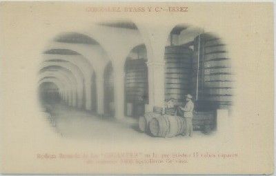 POSTAL DE PUBLICIDAD. GONZALEZ BYASS Y CIA. JEREZ. BODEGA LLAMADA DE LOS GIGANTES