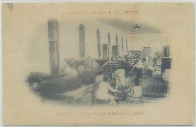 POSTAL DE PUBLICIDAD. GONZALEZ BYASS Y CIA. JEREZ. SALON PARA EMBOTELLAR