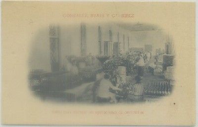 POSTAL DE PUBLICIDAD. GONZALEZ BYASS Y CIA. JEREZ. SALON PARA EMBOTELLAR