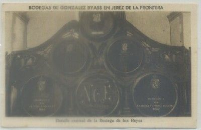 POSTAL DE PUBLICIDAD. GONZALEZ BYASS Y CIA. JEREZ. DETALLE BODEGA DE LOS REYES Nº 47
