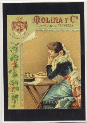 POSTAL PUBLICITARIA. REPROD. ETIQUETAS ANTIGUAS. MOLI6NA Y CIA. JEREZ