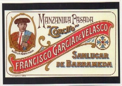 POSTAL PUBLICITARIA. REPROD. ETIQUETAS ANTIGUAS. MANZANILLA CORCITO. FCO. GARCIA. SANLUCAR