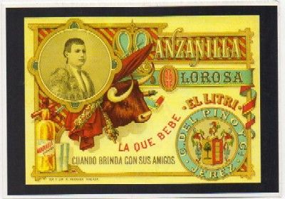 POSTAL PUBLICITARIA. REPROD. ETIQUETAS ANTIGUAS. MANZANILLA OLOROSA. C. DEL PINO. JEREZ