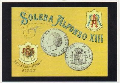 POSTAL PUBLICITARIA. REPROD. ETIQUETAS ANTIGUAS. SOLERA ALFONSO Xlll. ANT. RUIZ Y HNOS. JEREZ