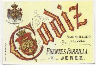 POSTAL PUBLICITARIA. REPROD. ETIQUETAS ANTIGUAS. CADIZ. AMONTILLADO. FUENTES PARRILLA. JEREZ