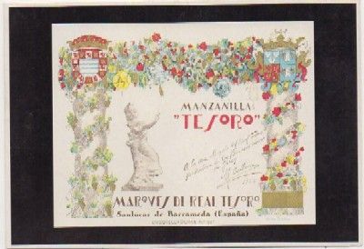 POSTAL PUBLICITARIA. REPROD. ETIQUETAS ANTIGUAS. MANZANILLA TESORO. MARQUES REAL TESORO