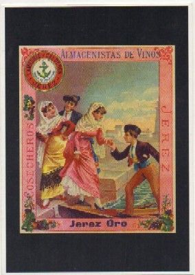 POSTAL PUBLICITARIA. REPROD. ETIQUETAS ANTIGUAS. COSECHEROS. ALMACENISTAS DE VINOS. JEREZ