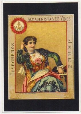 POSTAL PUBLICITARIA. REPROD. ETIQUETAS ANTIGUAS. COSECHEROS. ALMACENISTAS DE VINOS. JEREZ