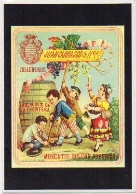 POSTAL PUBLICITARIA. REPROD. ETIQUETAS ANTIGUAS. MOSCATEL. JUAN CARRASO Y HNOS.
