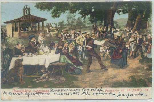 POSTAL ANTIGUA DE VIZCAYA. COSTUMBRES VIZCAINAS. ROMERIA DE UN PUEBLO