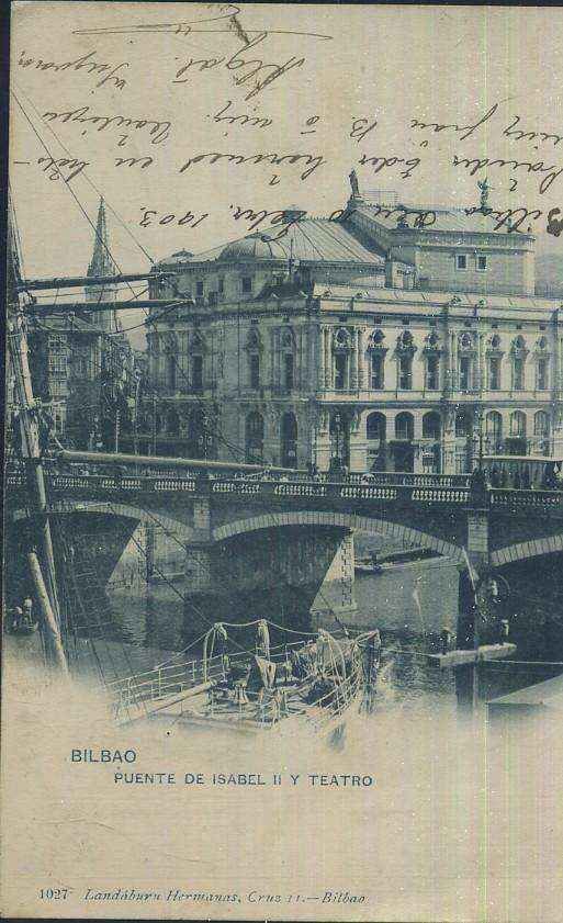 POSTAL ANTIGUA DEL PAIS VASCO BILBAO PUENTE DE ISABEL II Y TEATRO