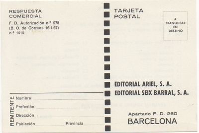 TARJETA POSTAL. RESPUESTA COMERCIAL. EDIT. ARIEL S. A. Y EDIT. SEIX BARRAL S.A.