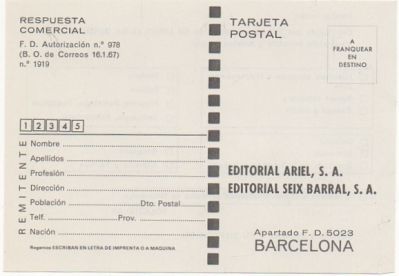 TARJETA POSTAL. RESPUESTA COMERCIAL. EDIT. ARIEL S. A. Y EDIT. SEIX BARRAL S.A.