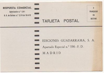 TARJETA POSTAL. RESPUESTA COMERCIAL. EDICIONES GUADARRAMA S. A.