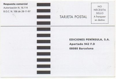 TARJETA POSTAL. RESPUESTA COMERCIAL. EDICIONES PENINSULA S.A.
