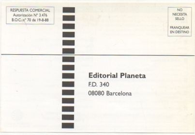 TARJETA POSTAL. RESPUESTA COMERCIAL. EDITORIAL PLANETA