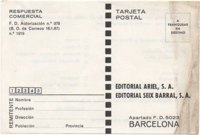 TARJETA POSTAL. RESPUESTA COMERCIAL. EDIT. ARIEL Y EDIT. SEIX BARRAL
