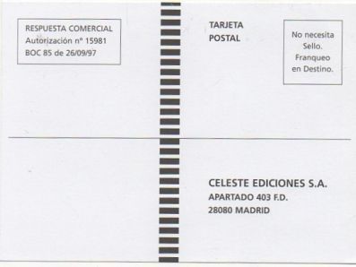 TARJETA POSTAL. RESPUESTA COMERCIAL. CELESTE EDICIONES S.A.