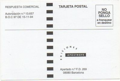 TARJETA POSTAL. RESPUESTA COMERCIAL. EDICIONES APOSTROFE