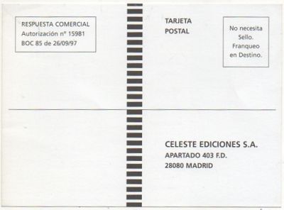 TARJETA POSTAL. RESPUESTA COMERCIAL. CELESTE EDICIONES S.A.