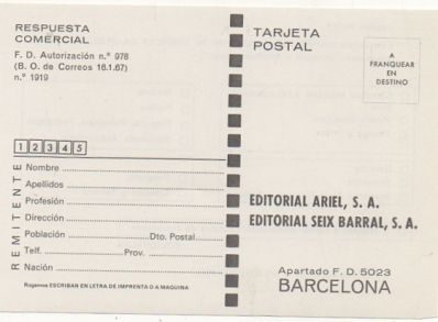 TARJETA POSTAL. RESPUESTA COMERCIAL. EDIT. ARIEL Y EDIT. SEIX BARRAL