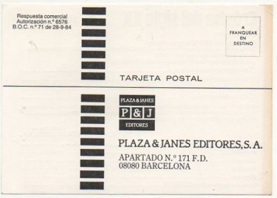 TARJETA POSTAL. RESPUESTA COMERCIAL. PLAZA & JANES EDITORES S.A.
