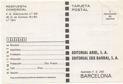 TARJETA POSTAL. RESPUESTA COMERCIAL. EDIT. ARIEL Y EDIT. SEIX BARRAL