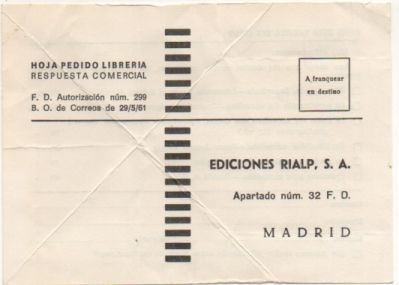 TARJETA POSTAL. RESPUESTA COMERCIAL. EDICIONES RIALP S.A.