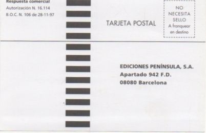 TARJETA POSTAL. RESPUESTA COMERCIAL. EDICIONES PENINSULA S.A.