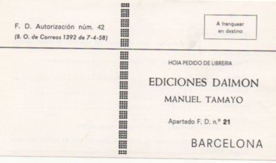 TARJETA POSTAL. RESPUESTA COMERCIAL. EDICIONES DAIMON. ANUEL TAMAYO