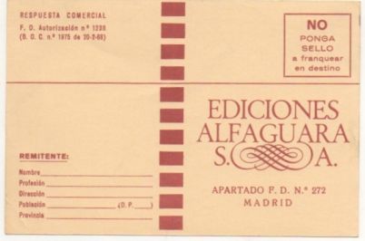 TARJETA POSTAL. RESPUESTA COMERCIAL. EDICIONES ALFAGUARA S.A.