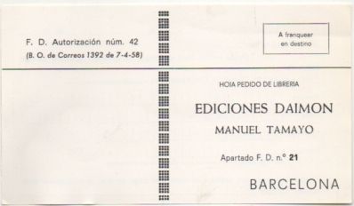 TARJETA POSTAL. RESPUESTA COMERCIAL. EDICIONES DAIMON. MANUEL TAMAYO