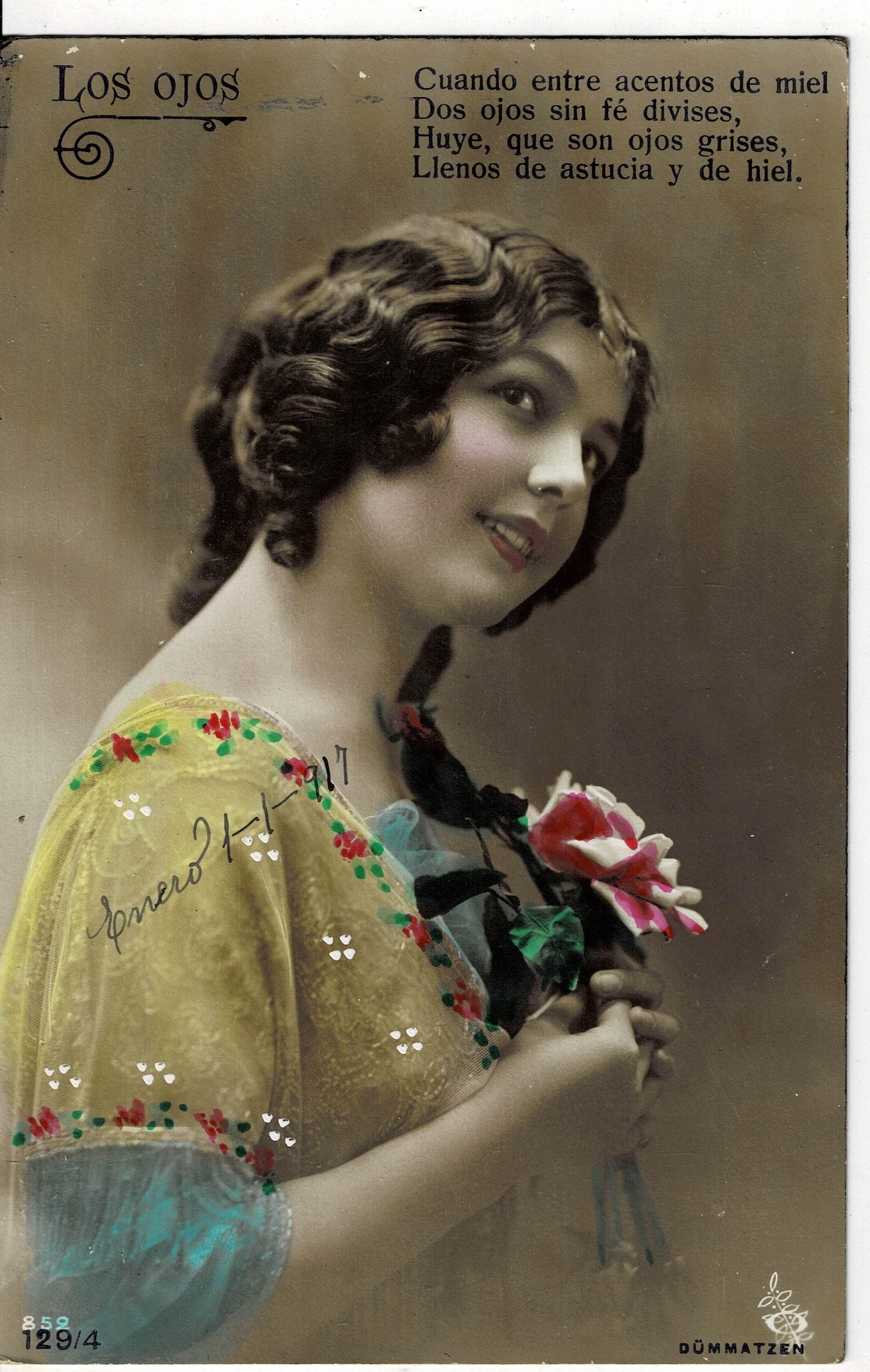 POSTAL ROMANTICA MUJER CON FLORES.