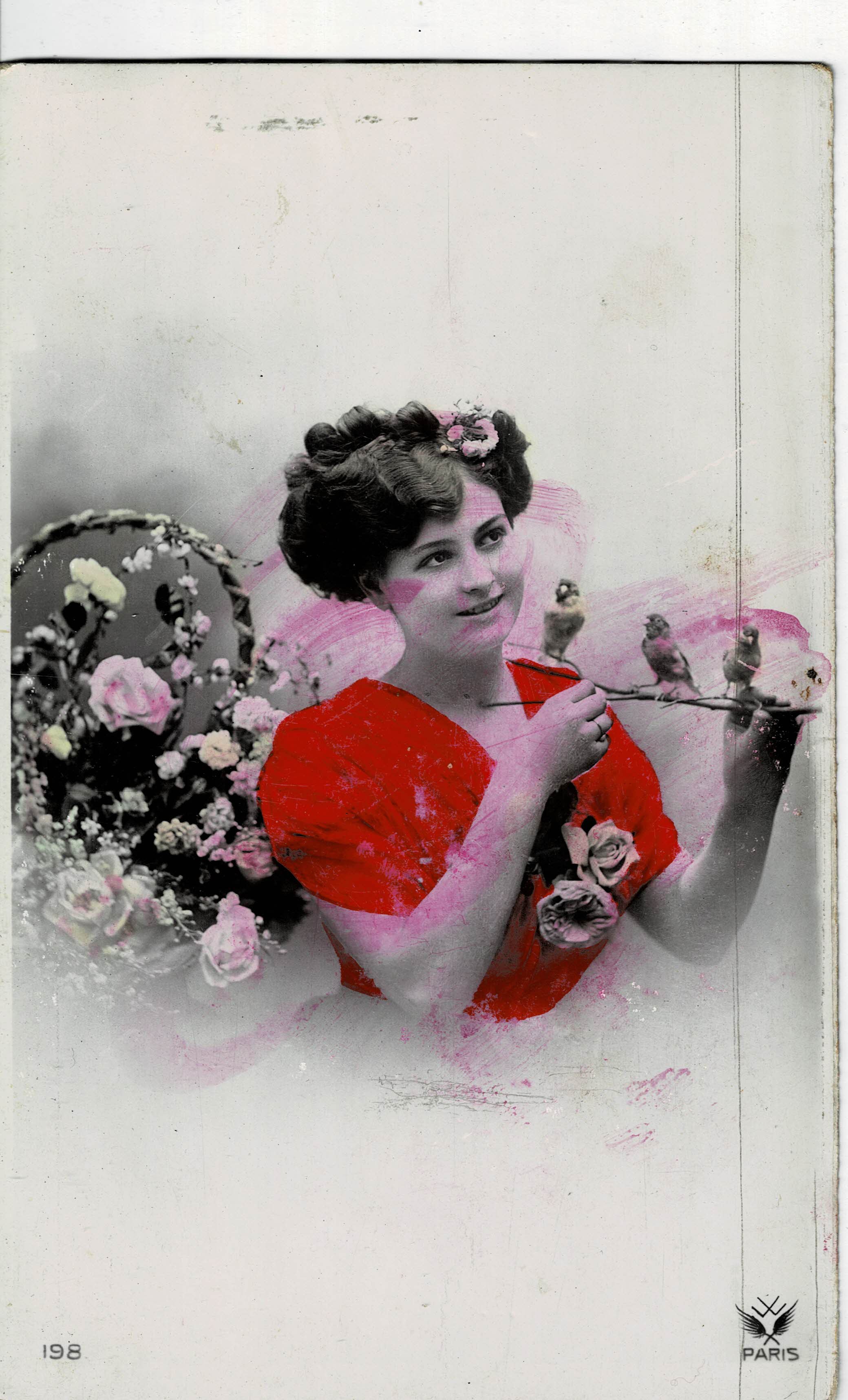 POSTAL ROMANTICA MUJER CON PAJAROS.