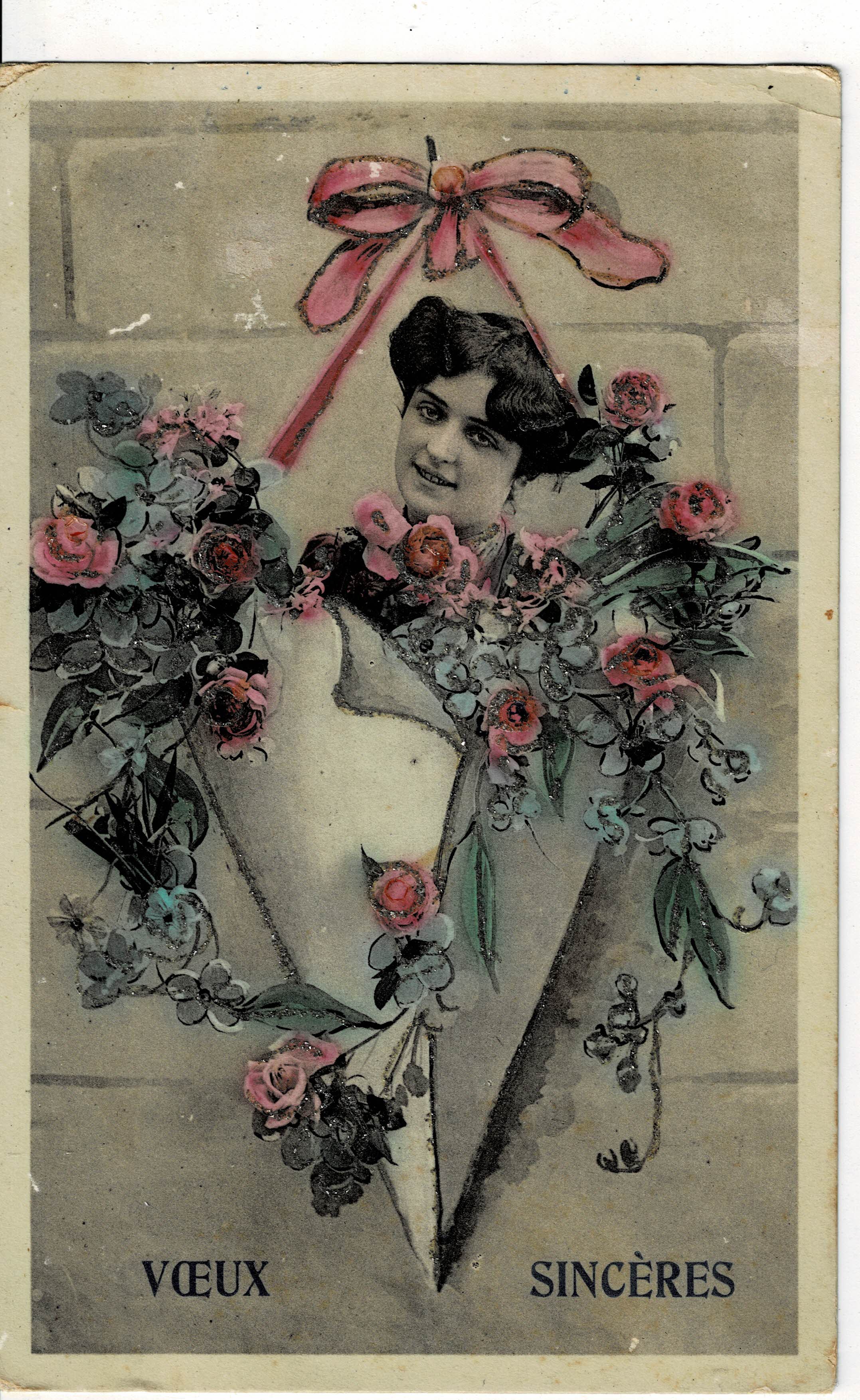 POSTAL ROMANTICA MUJER PURPURINA.