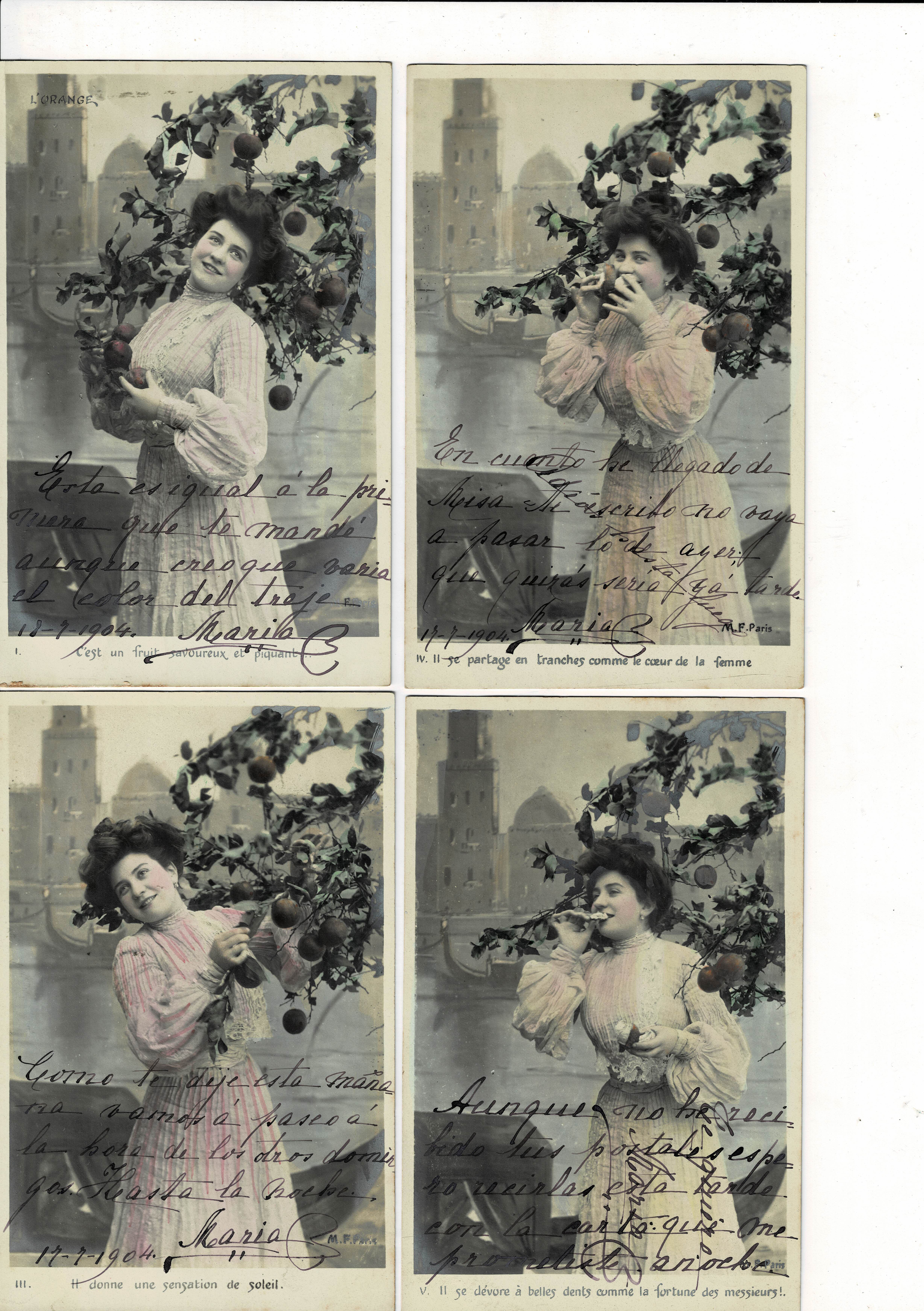 LOTE DE 4 POSTALES ROMANTICAS DE  MUJERES.