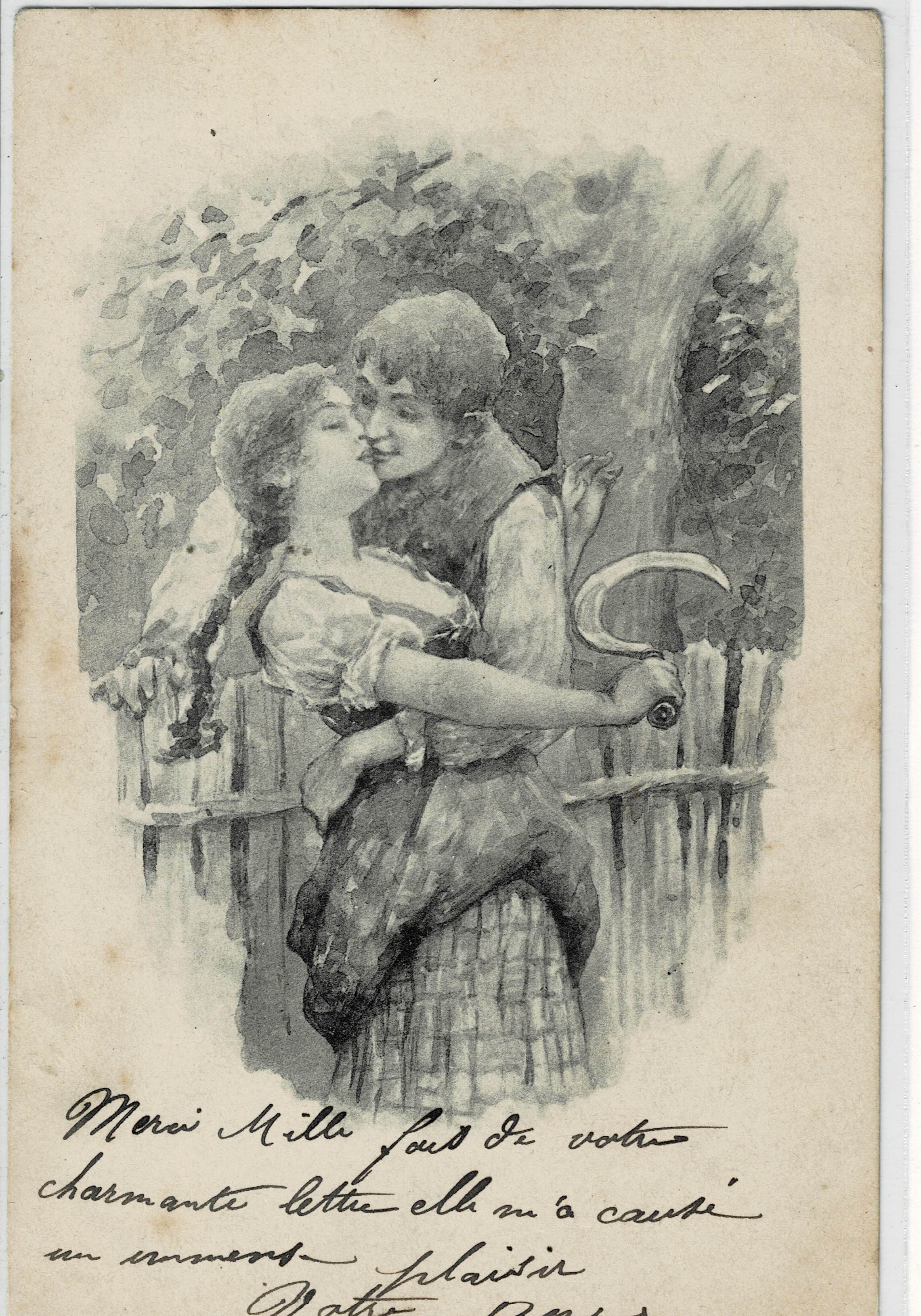 POSTAL ROMANTICA BESO PAREJA ILUSTRADA.