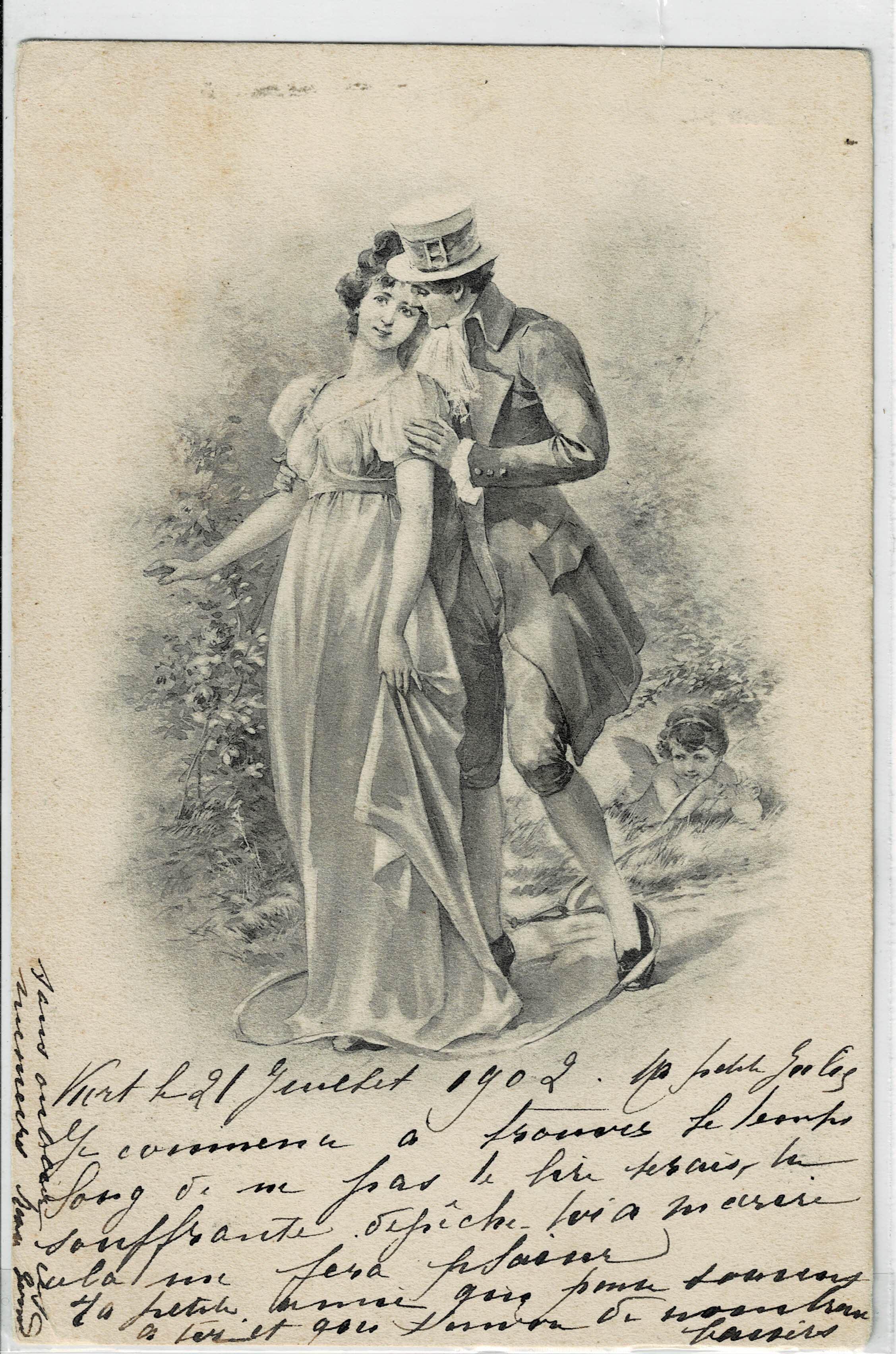POSTAL ROMANTICA PAREJA DE PASEO ILUSTRADA.