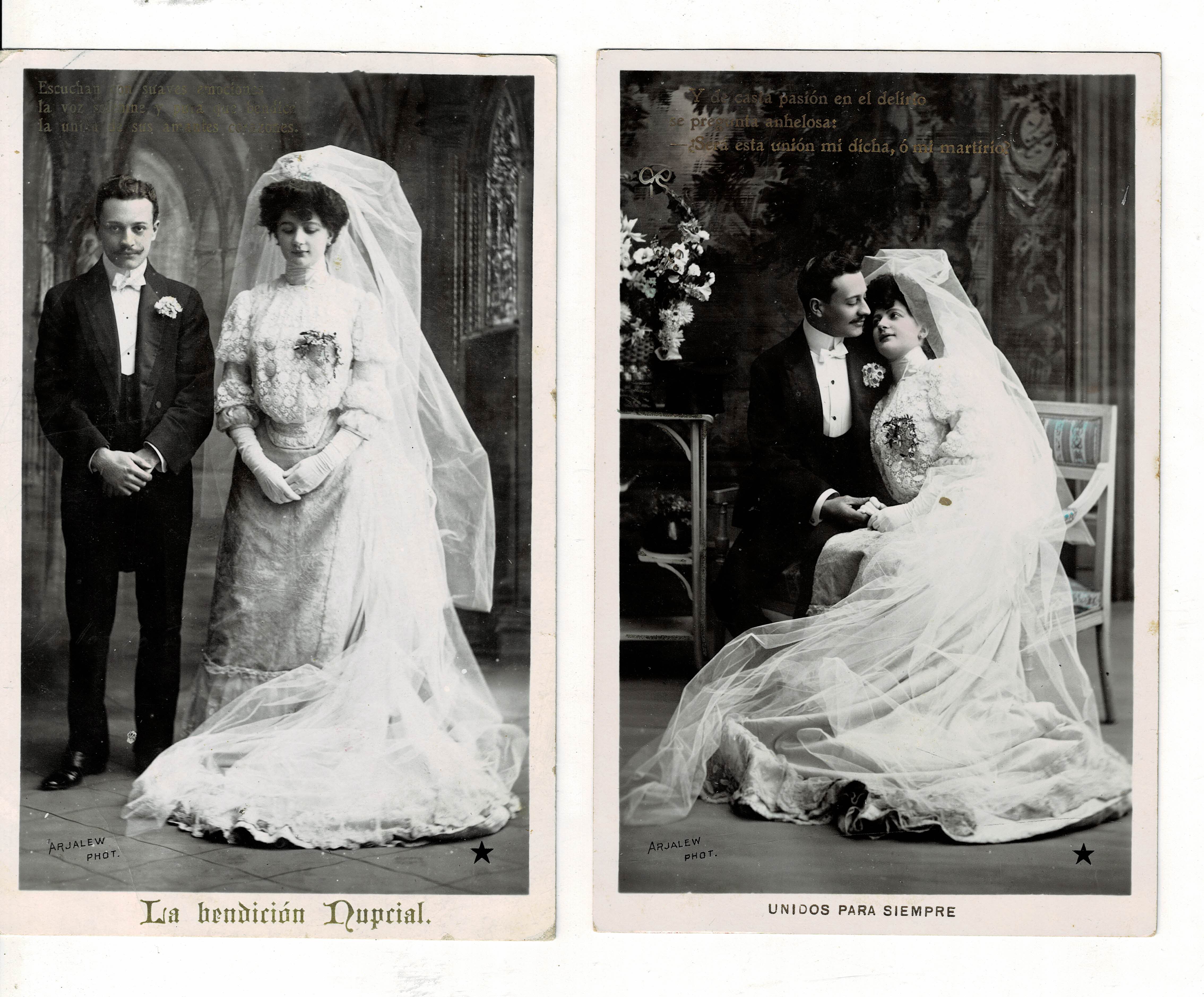 LOTE DE 2 POSTALES ROMANTICAS DE PAREJA NUPCIAL.