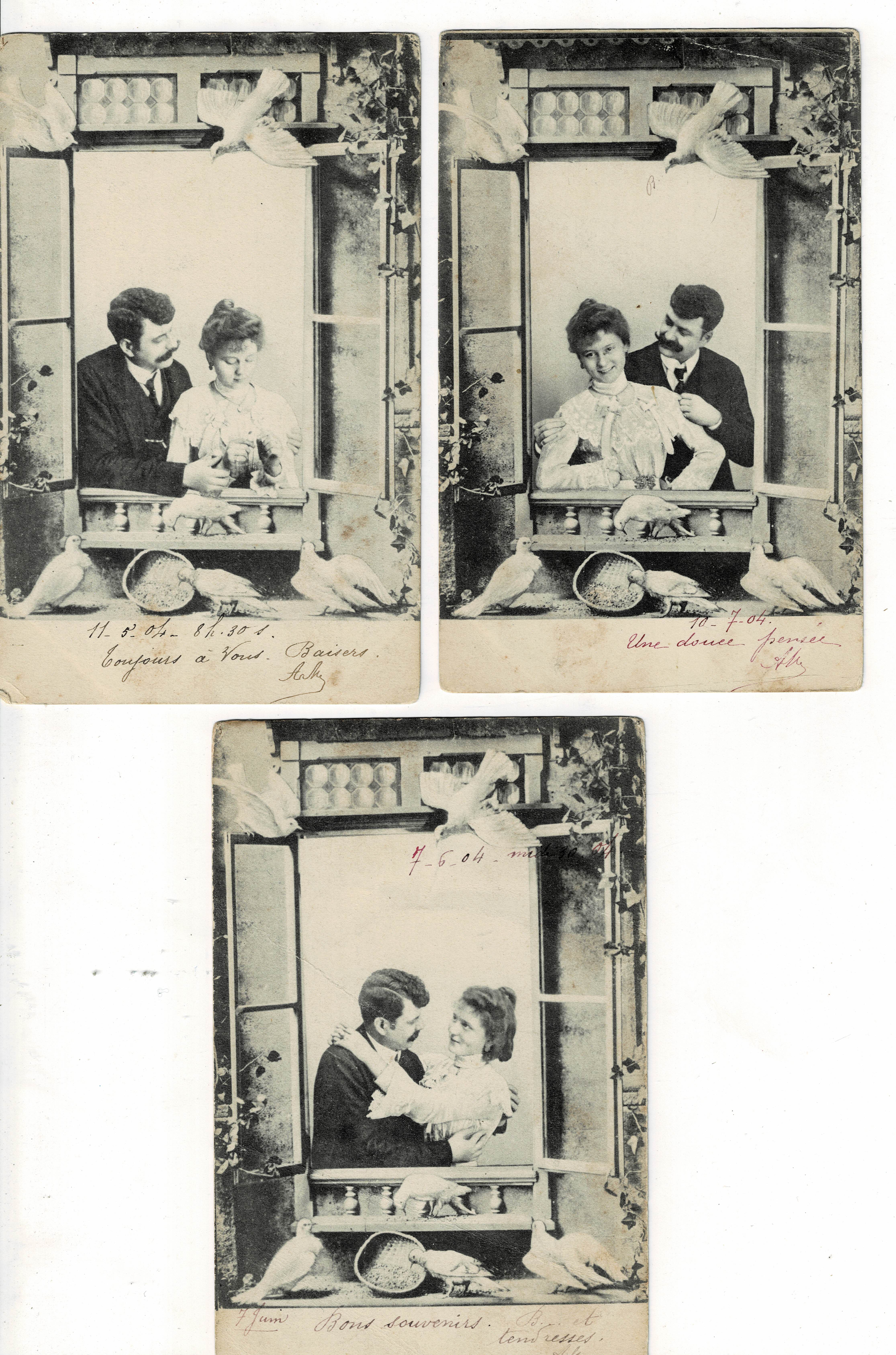 LOTE DE 3 POSTALES  ROMANTICAS EN BLANCO Y NEGRO.