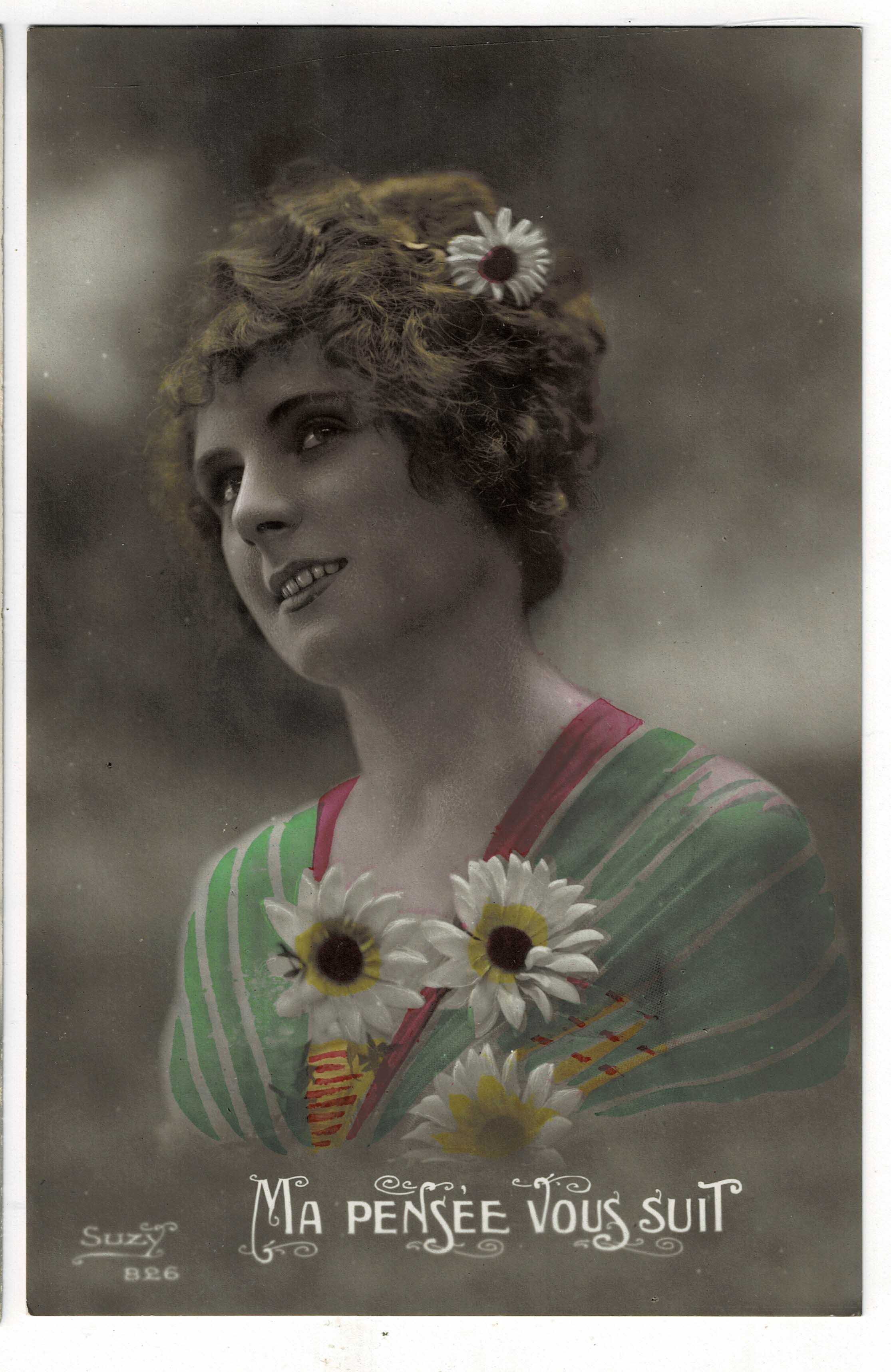 POSTAL ROMANTICA MUJER FLORES.