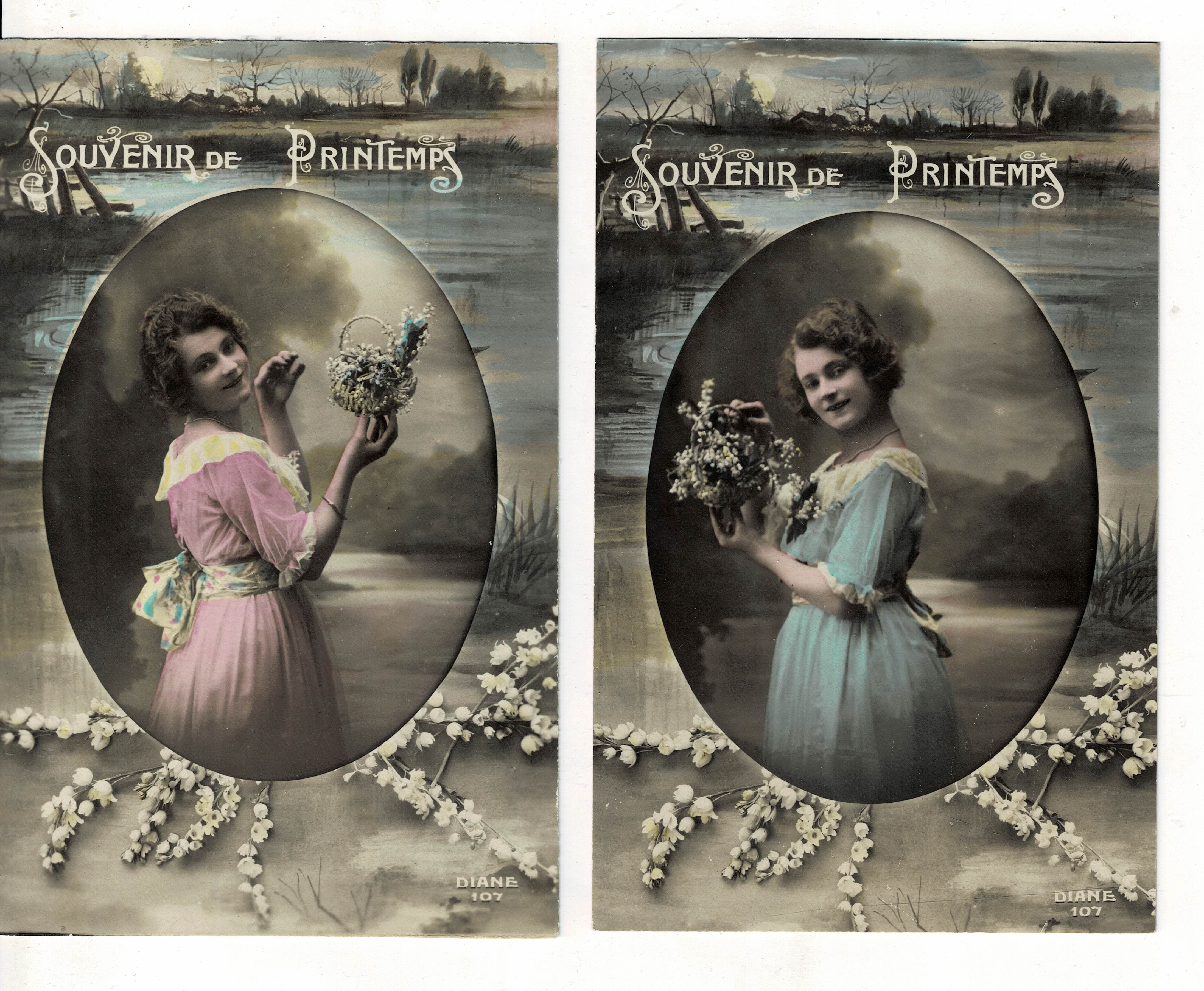 LOTE 2 POSTALES ROMANTICAS MUJERES CON FLORES.