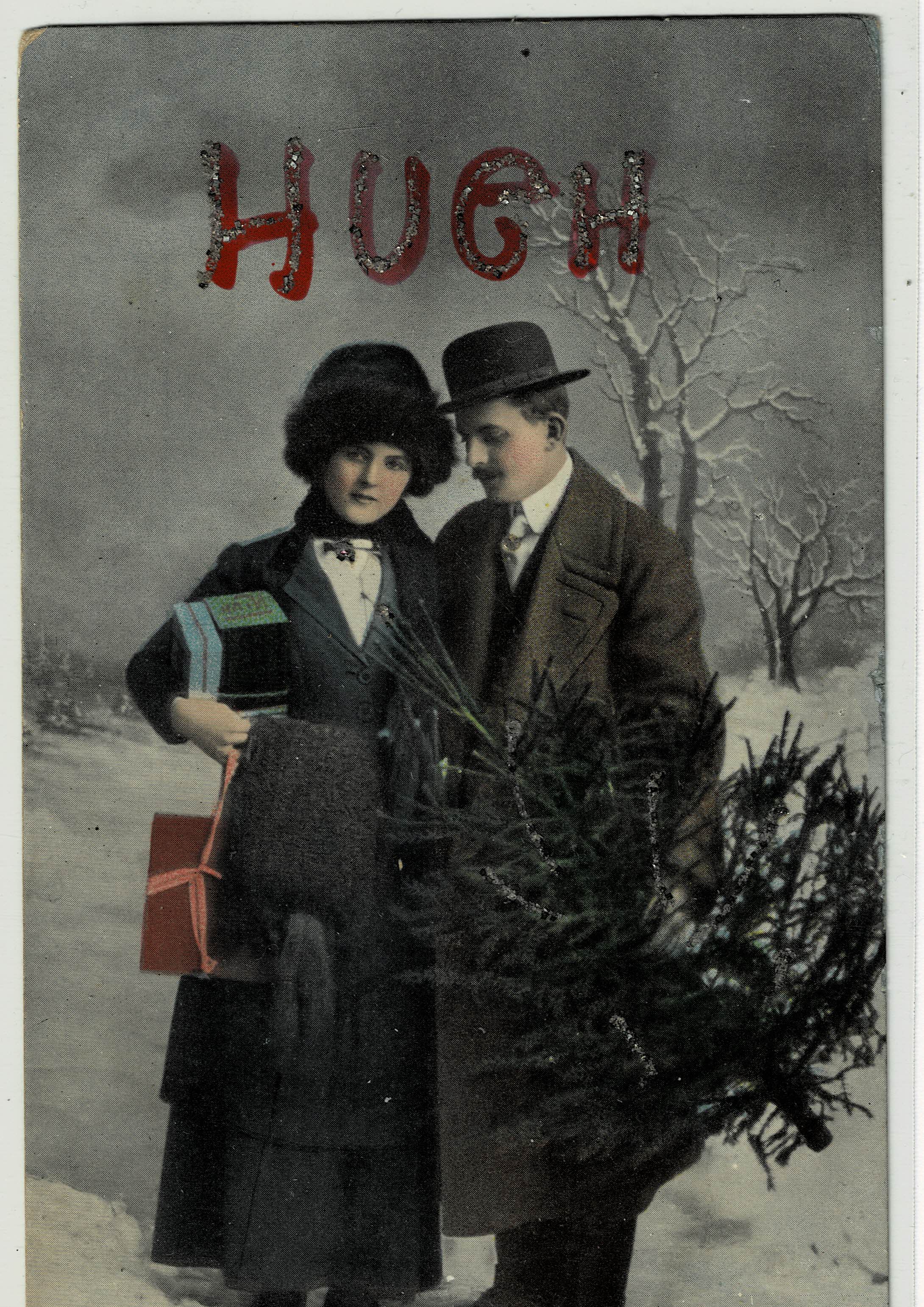 POSTAL ROMANTICA PAREJA CON LA PALABRA HUGH EN PURPURINA.