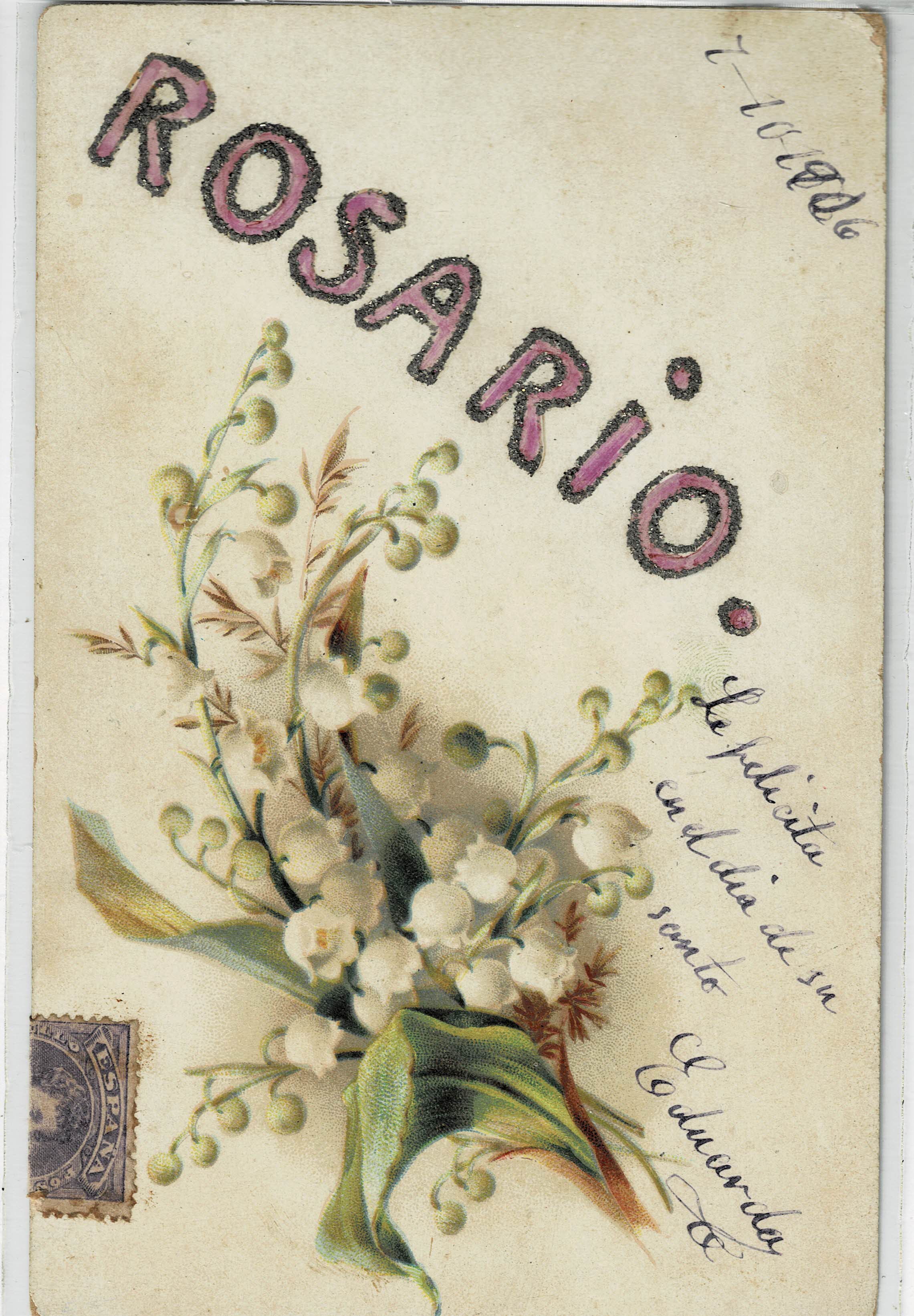 POSTAL ROMANTICA FLORES CON LA PALABRA ROSARIO EN PURPURINA.