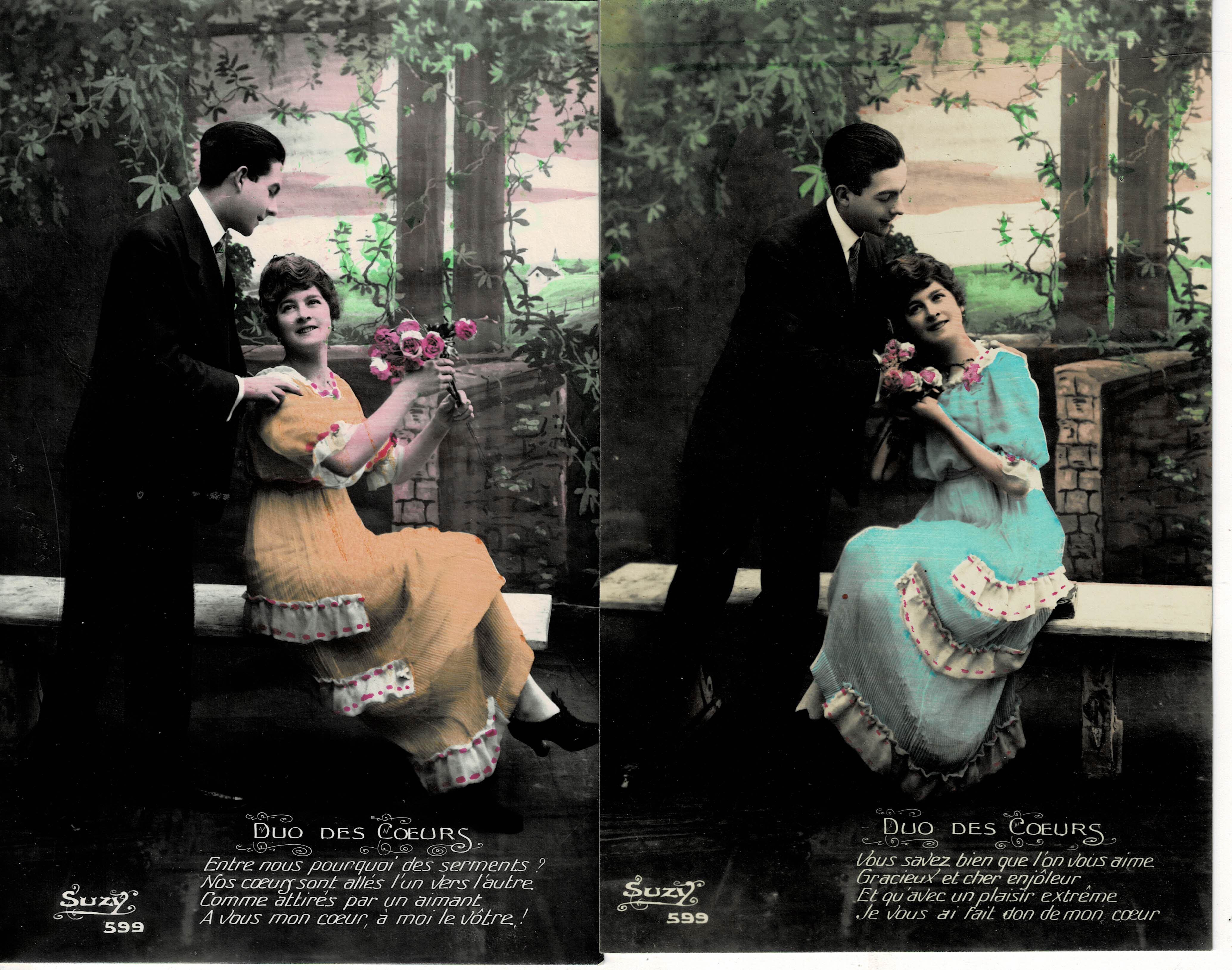 LOTE 2 POSTALES ROMANTICAS PAREJA EN JARDIN.