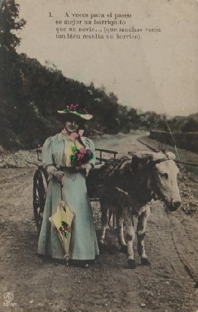POSTAL ROMANTICA. MUJER CON BORRICO