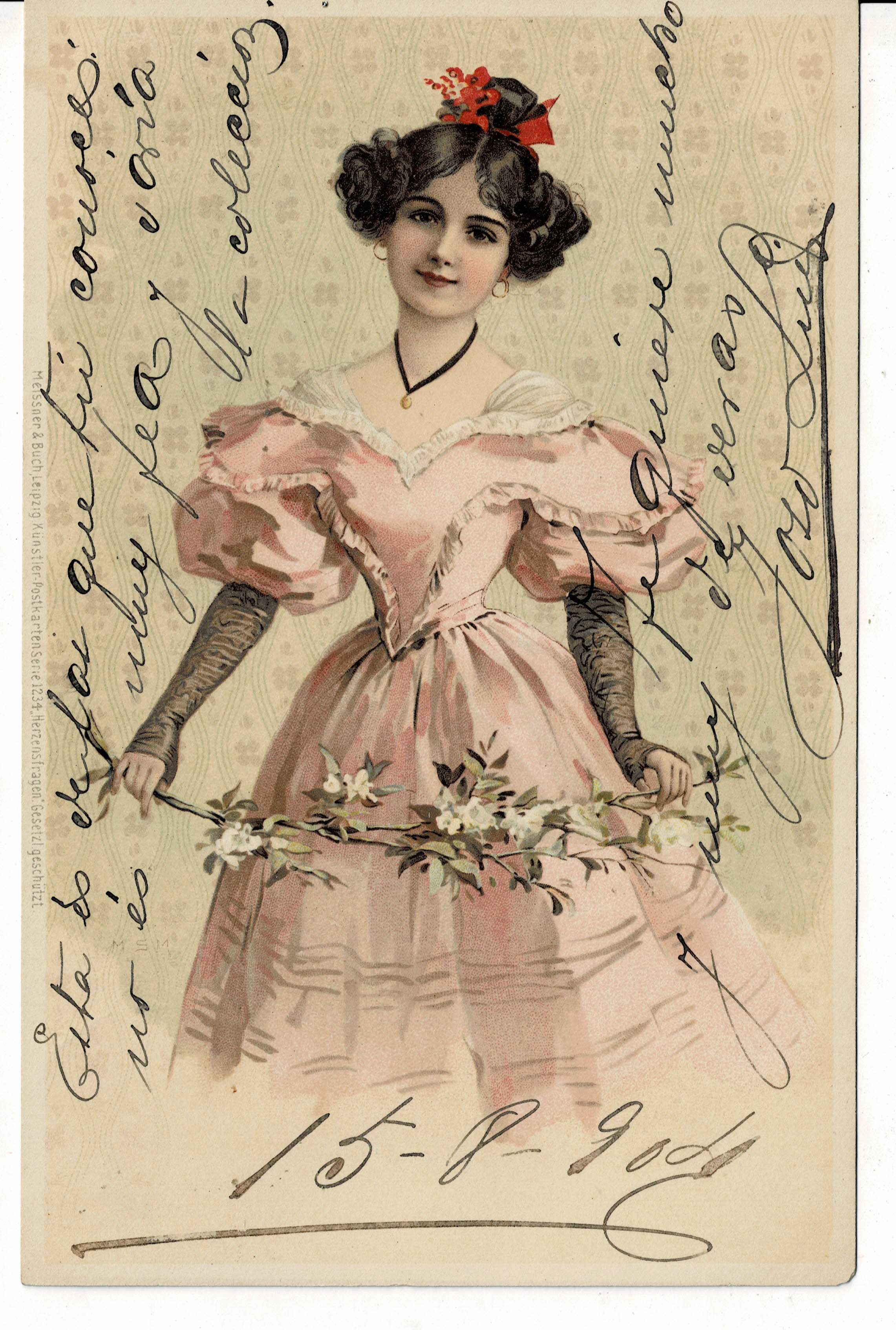 POSTAL ROMANTICA. CHICA DE ROSA.