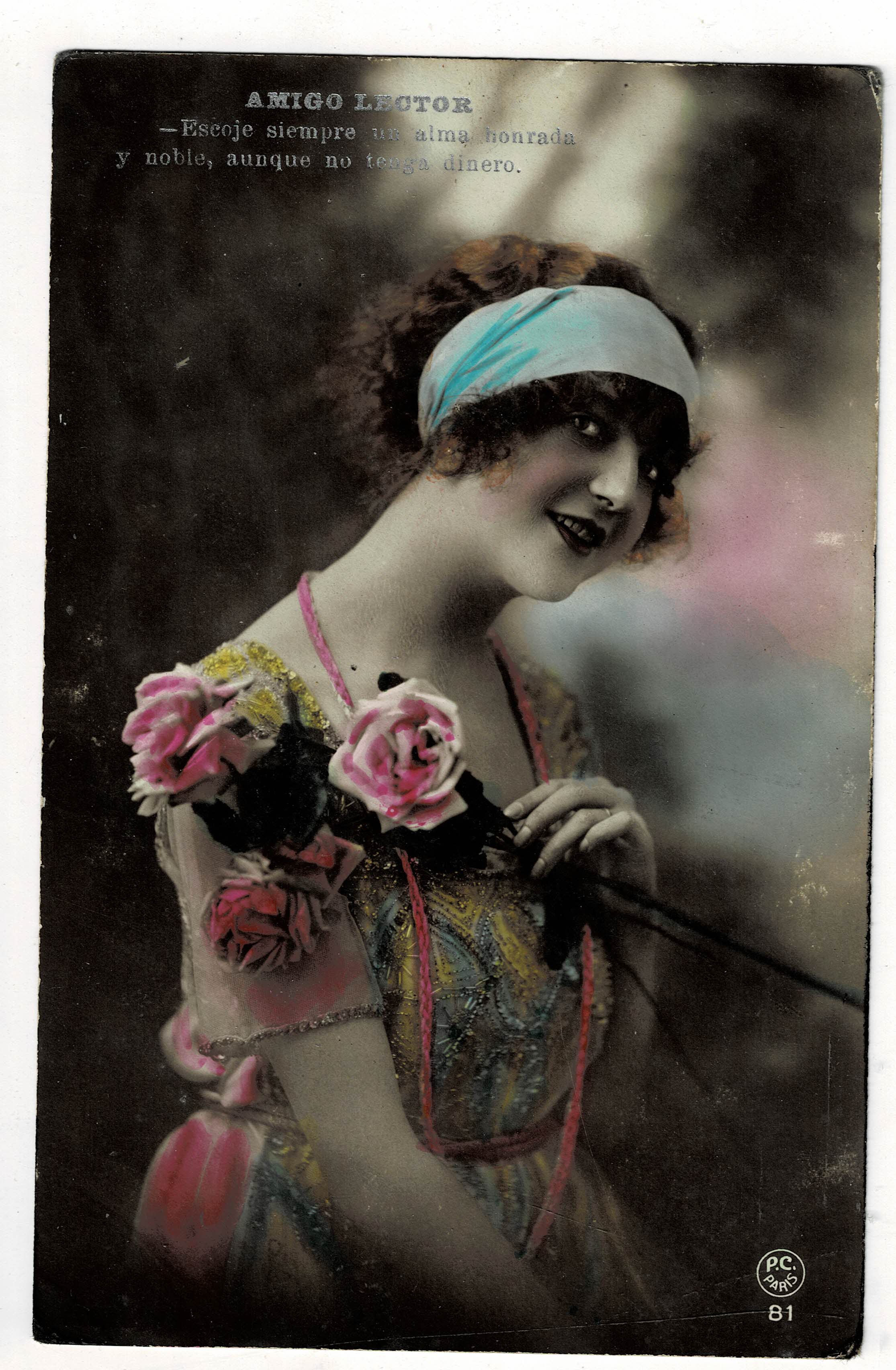 POSTAL ROMANTICA MUJER FLORES.