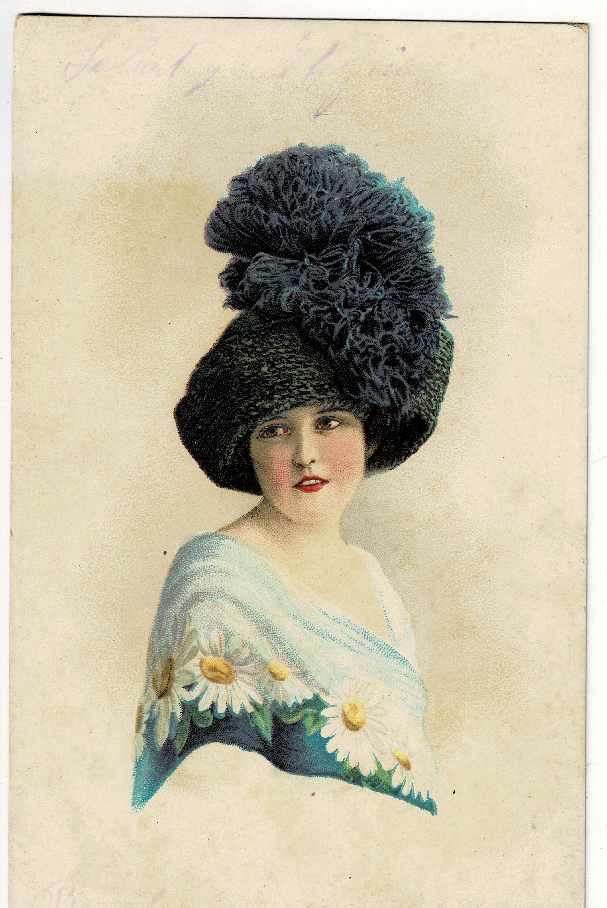 POSTAL ROMANTICA MUJER CON SOMBRERO.